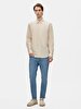 Relaxed Linen Look Long Sleeve Mao Collar Beige Shirt