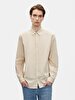 Relaxed Linen Look Long Sleeve Mao Collar Beige Shirt