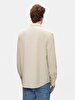 Relaxed Linen Look Long Sleeve Mao Collar Beige Shirt