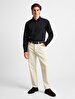 Relaxed Linen Look Long Sleeve Mao Collar Navy Shirt