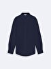 Relaxed Linen Look Long Sleeve Mao Collar Navy Shirt