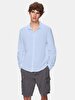 Relaxed Linen Look Long Sleeve Mao Collar Blue Shirt