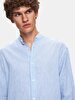 Relaxed Linen Look Long Sleeve Mao Collar Blue Shirt