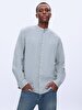 Regular Mao Collar Linen Look Green Shirt