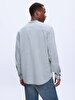 Regular Mao Collar Linen Look Green Shirt