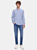 Regular Mao Collar Linen Look Long Sleeve Blue Shirt