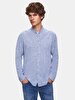 Regular Mao Collar Linen Look Long Sleeve Blue Shirt