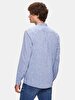 Regular Mao Collar Linen Look Long Sleeve Blue Shirt