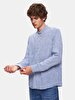 Regular Mao Collar Linen Look Long Sleeve Blue Shirt