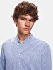 Regular Mao Collar Linen Look Long Sleeve Blue Shirt