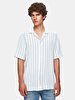 Relaxed Short Sleeve Striped Print Basic Woven Blue Shirt