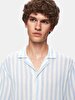 Relaxed Short Sleeve Striped Print Basic Woven Blue Shirt