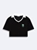 Terry Cloth Graphic Print Crop Short Sleeve Black T-shirt