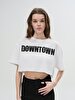 With Print Basic Knitting Square Crop Print White T-shirt