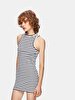 Sleeveless Striped Print Short Si̇zed Beige Dress