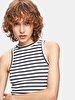 Sleeveless Striped Print Short Si̇zed Beige Dress