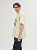Basic With Print Crew Neck Loose Beige T-shirt