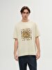 Basic With Print Crew Neck Loose Beige T-shirt
