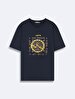 Basic With Print Crew Neck Loose Navy T-shirt