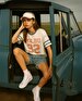 Short Sleeve Crew Neck With Print Striped Print White T-shirt