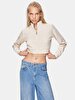 Knitting Zipper Closing Crop Beige Cardigan