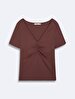 Short Sleeve V-neck Front Shirred Brown T-shirt
