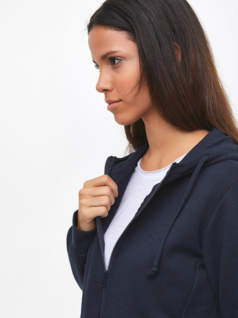 With Hood Zipper Closing Dunkelblau Strickjacke