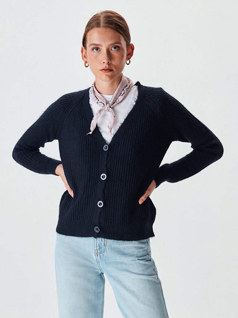 Buttoned Knitted Navy Cardigan