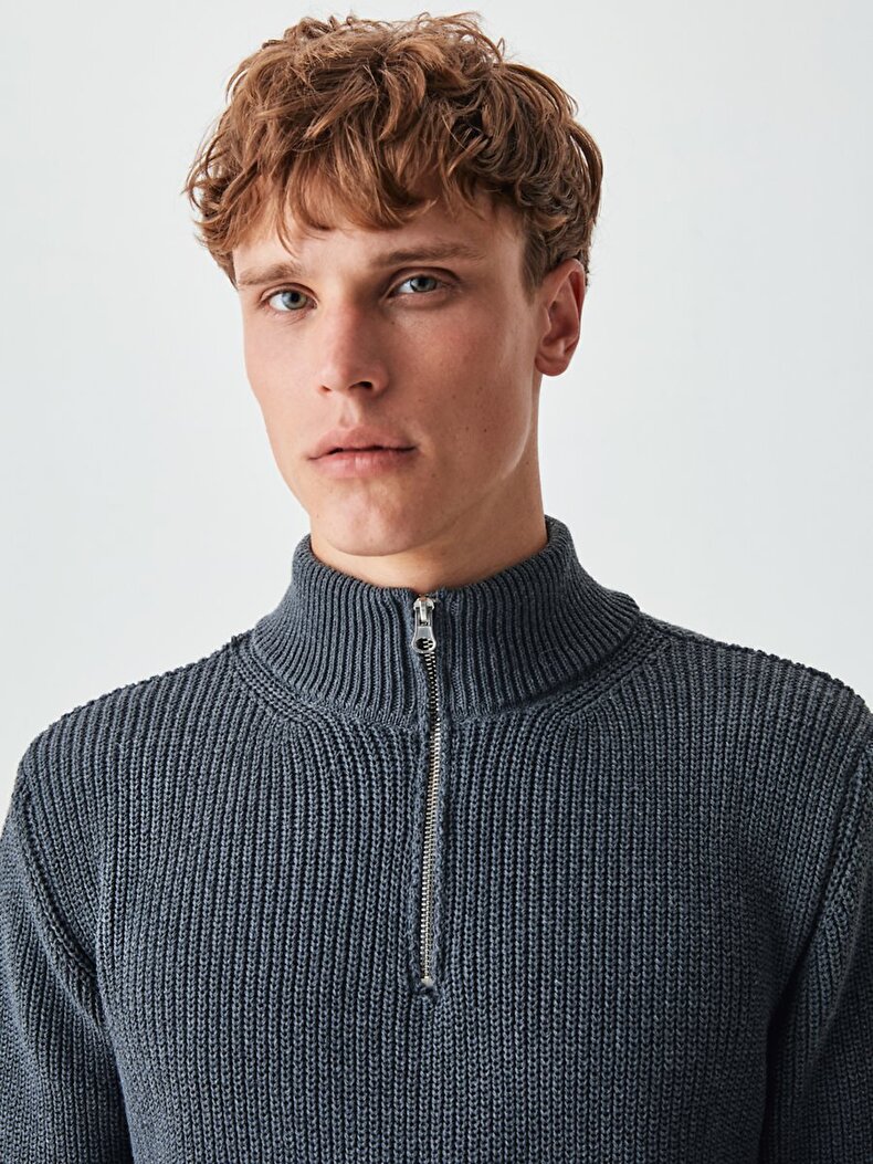 Ribbed Zipper Collar Anthracite Pullover