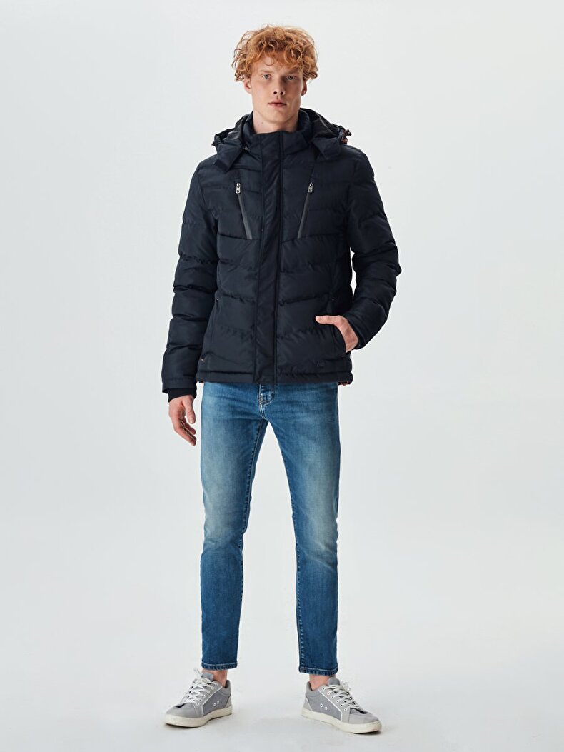 With Pockets Puffer Navy Coat