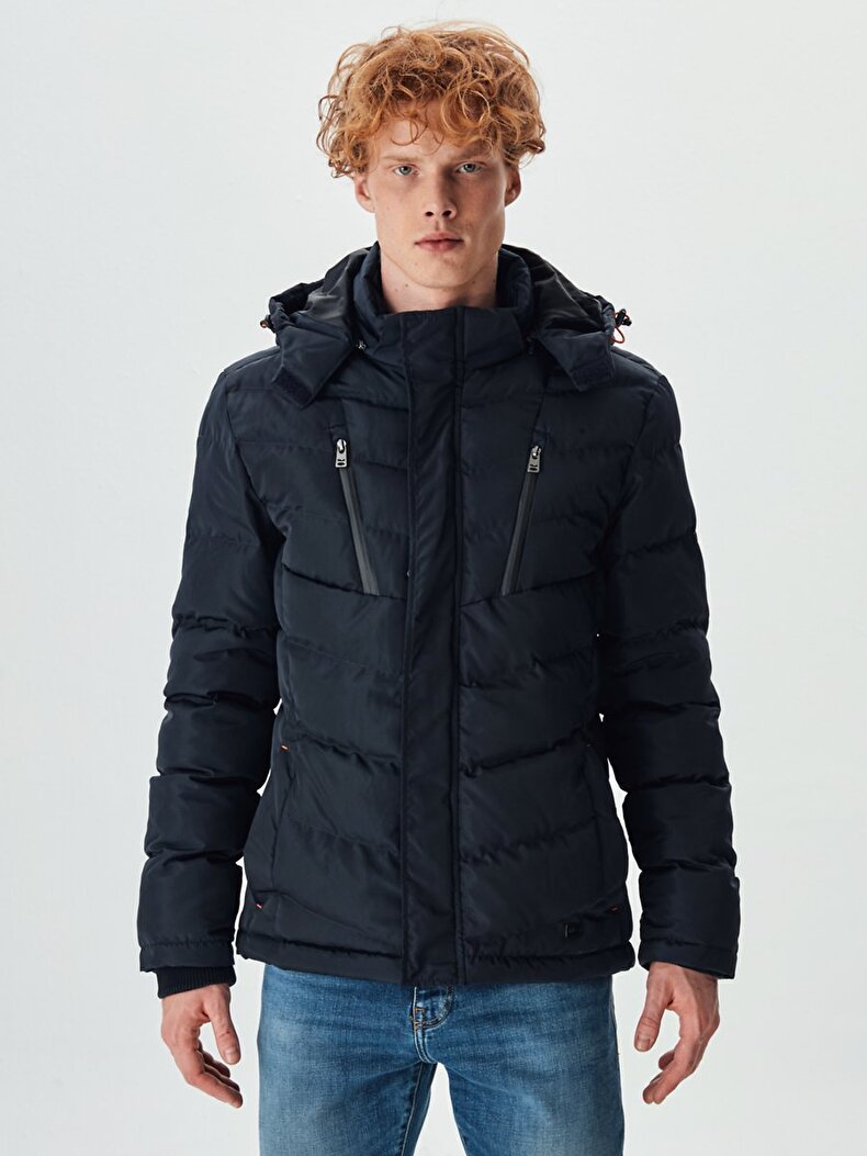 With Pockets Puffer Navy Coat