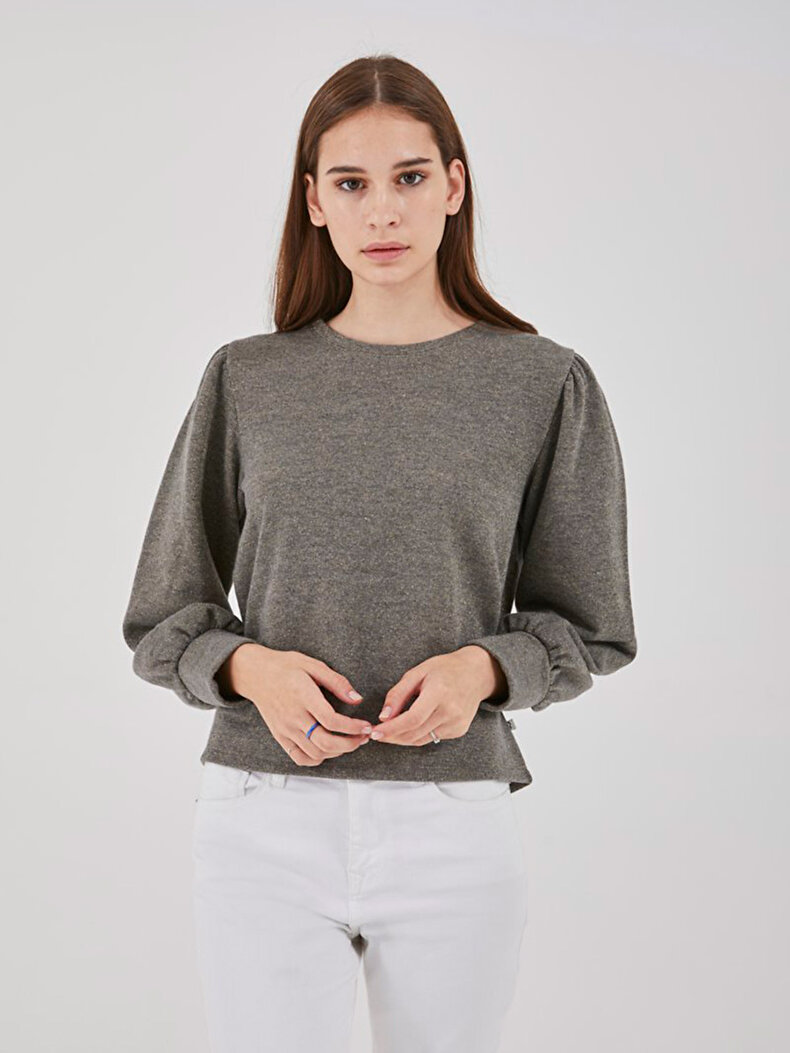 Balloon Sleeve Round Collar Grijs Sweatshirt