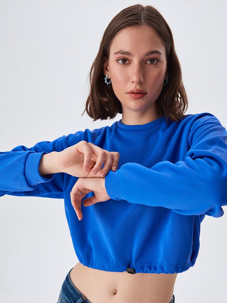 Cropped Waist Elastic Blue Sweatshirt