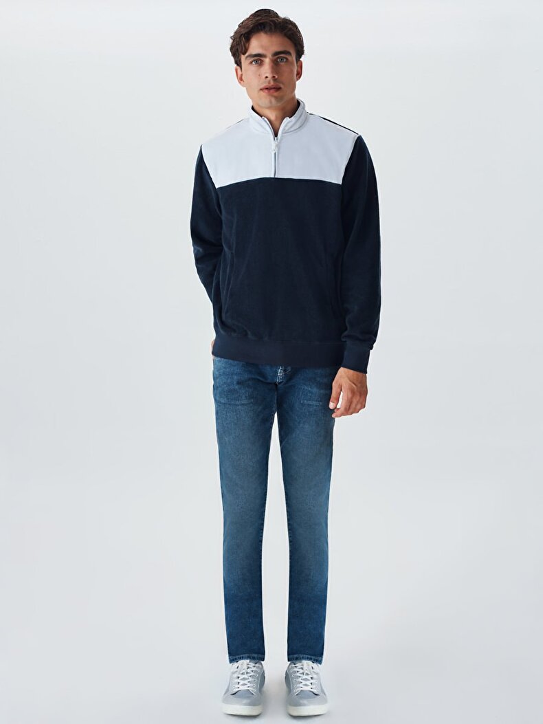Turtle Neck Zipper Closing Straight Collar Navy