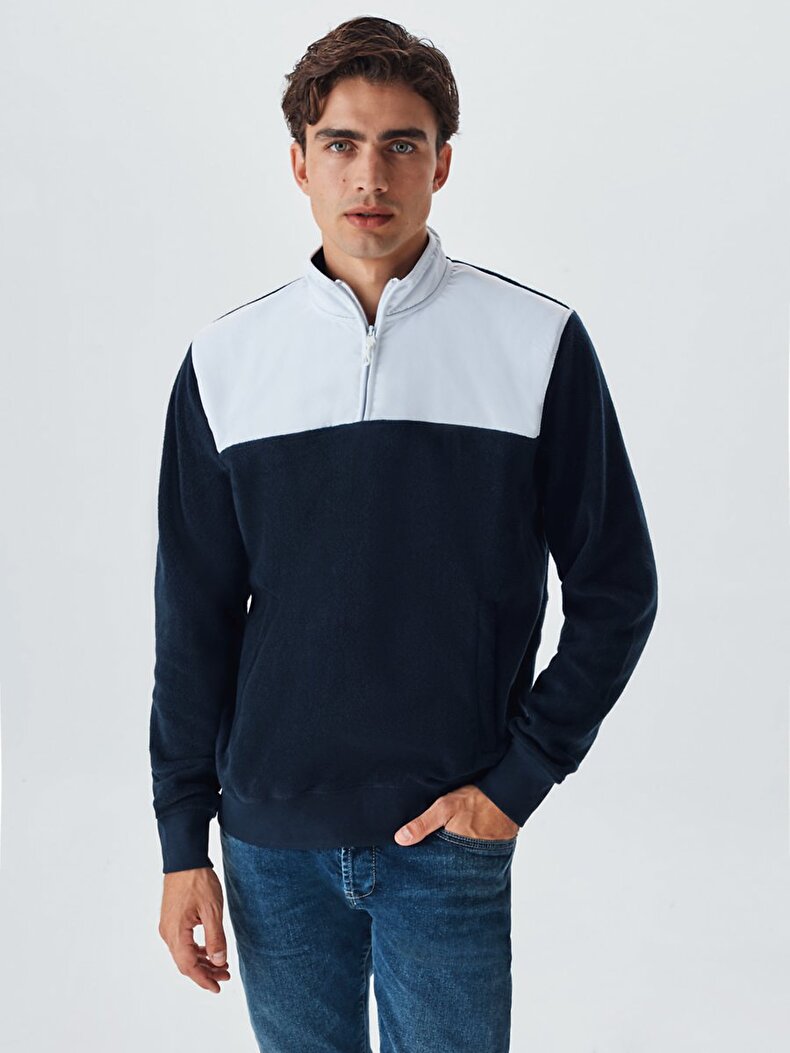 Turtle Neck Zipper Closing Straight Collar Navy
