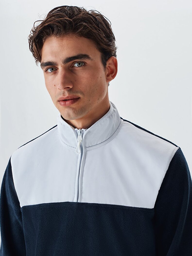 Turtle Neck Zipper Closing Straight Collar Navy