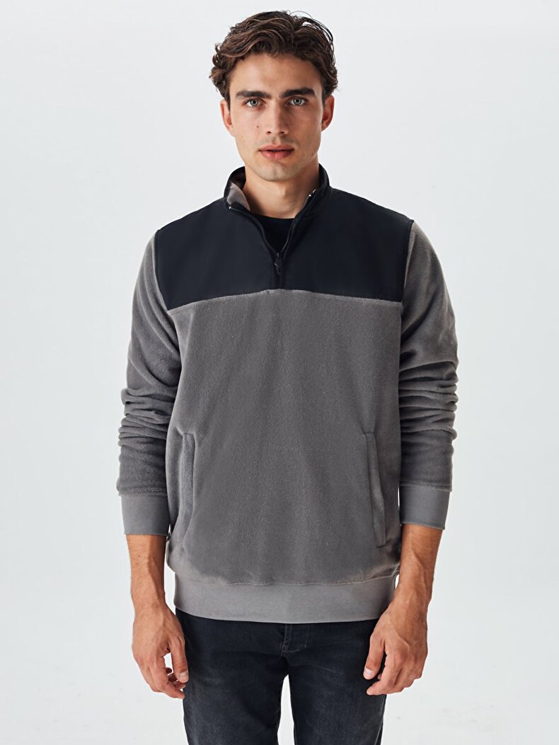 Turtle Neck Zipper Closing Straight Collar Anthracite