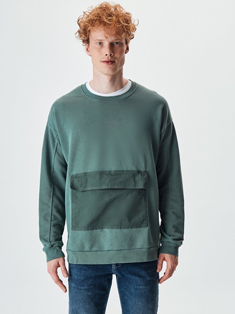 Pouch Pocket With Pockets Round Collar Groen Sweatshirt