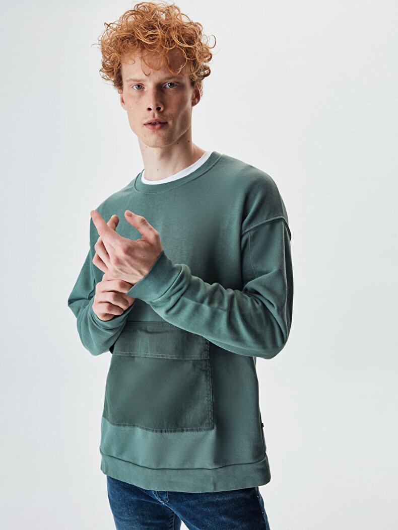 Pouch Pocket With Pockets Round Collar Groen Sweatshirt