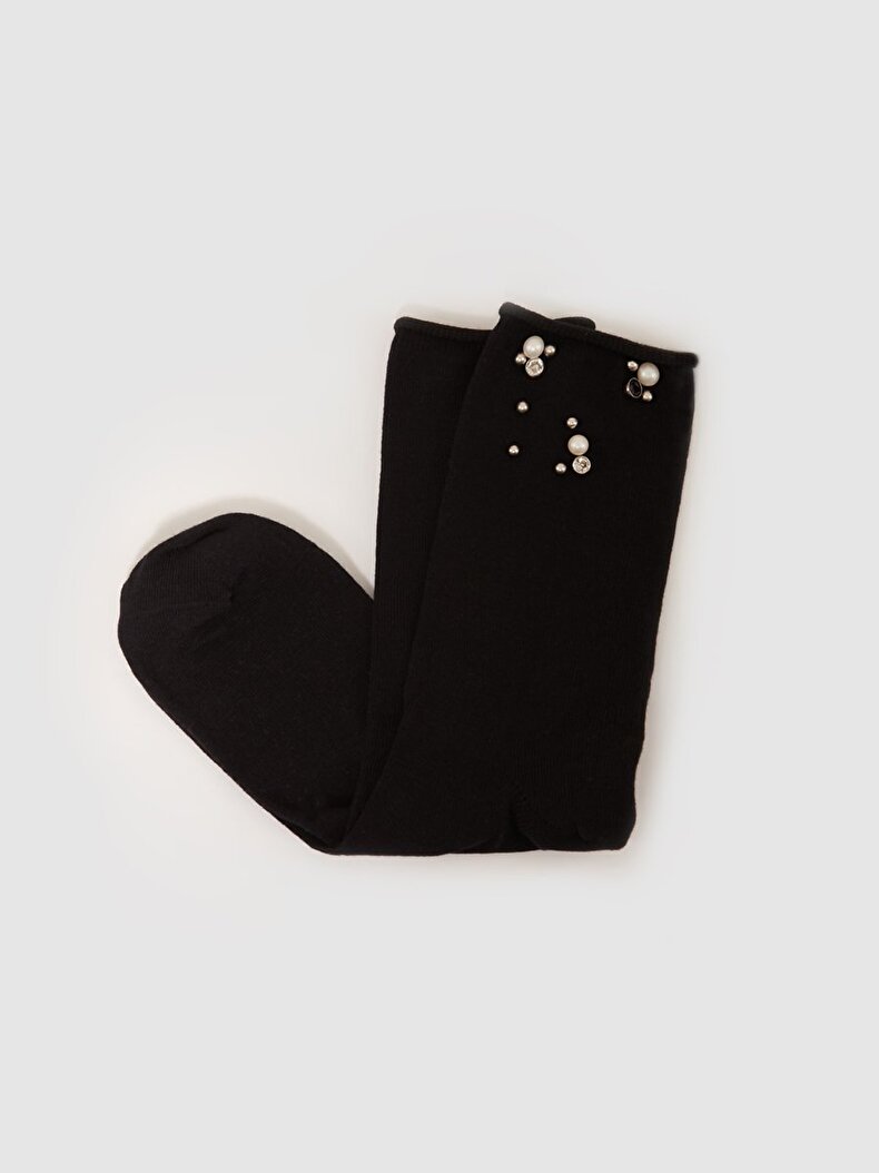 Boncuklu Soket Siyah Çorap