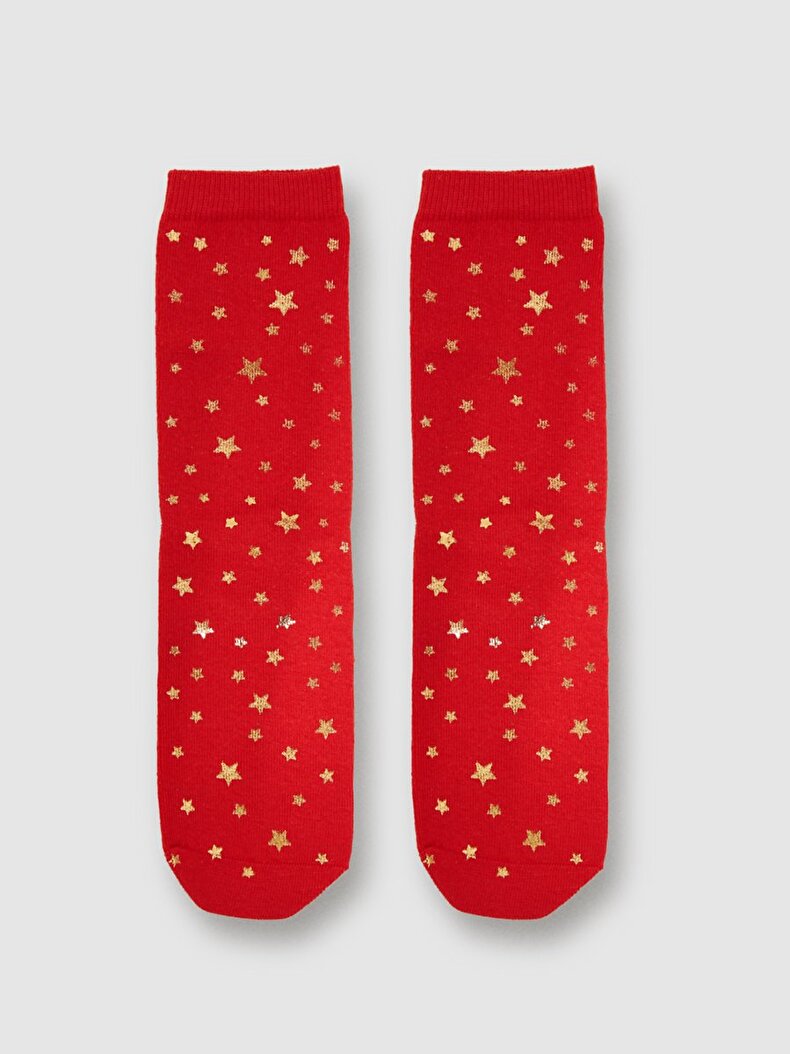 Desenli Soket Kırmızı Çorap