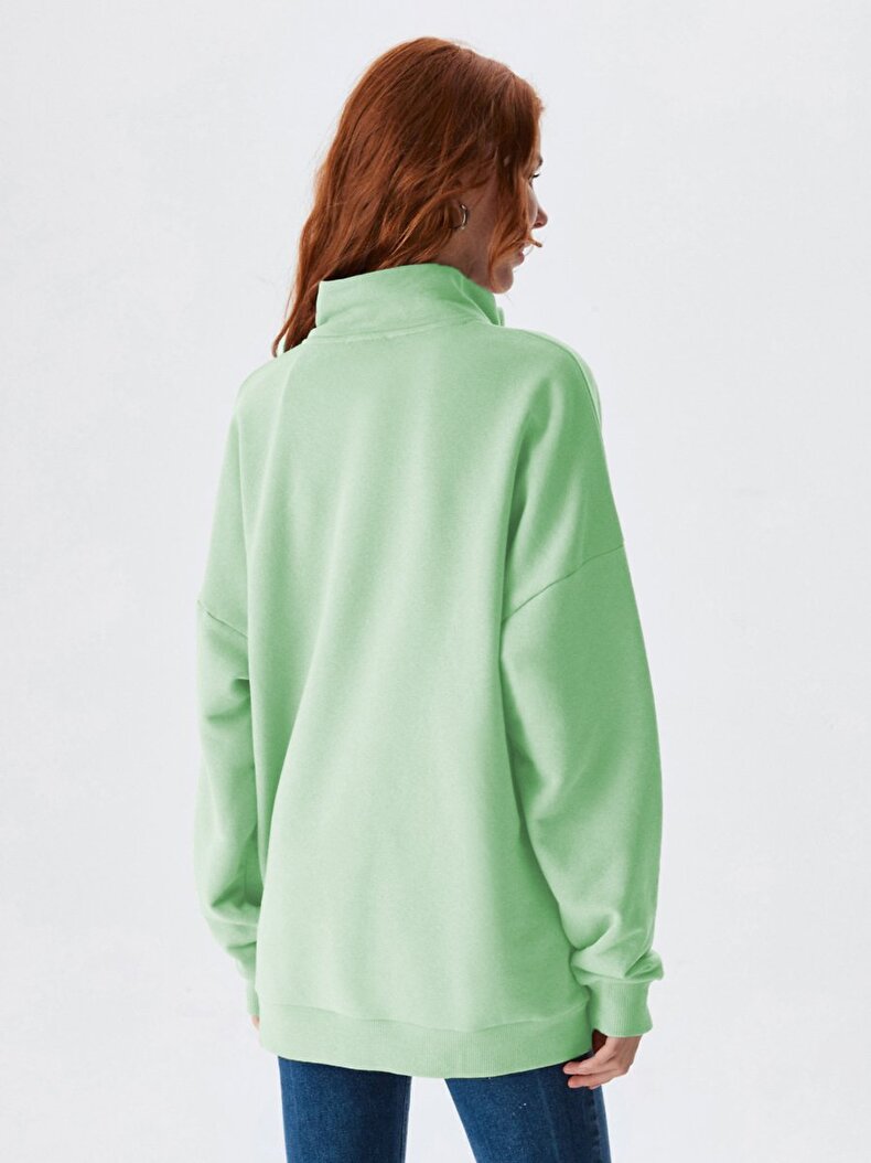 Oversized Zipper Collar Green Sweatshirt