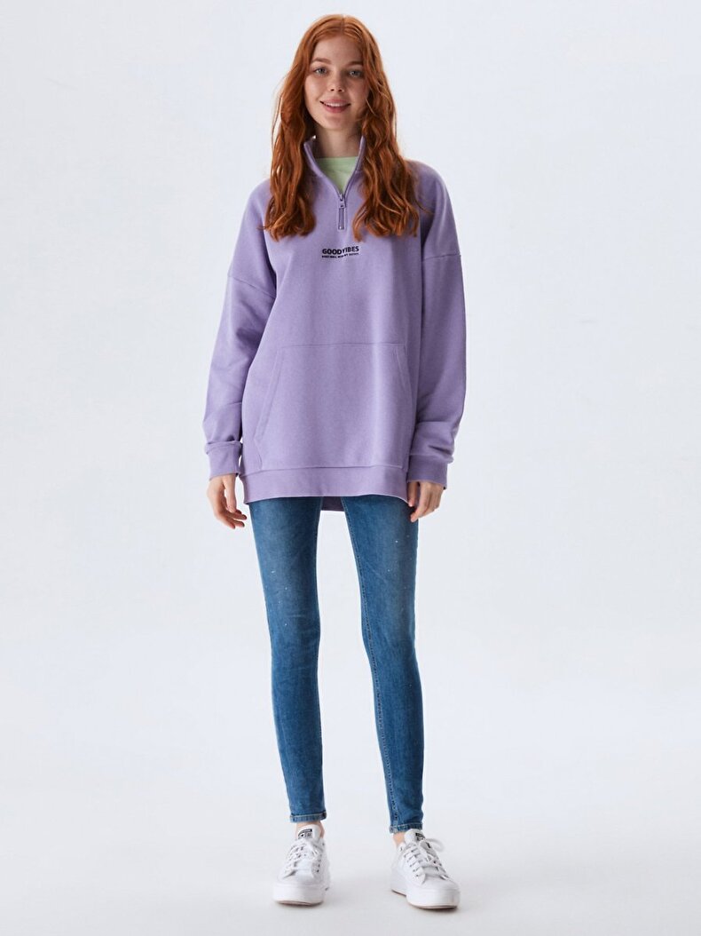 Oversized Zipper Collar Lilac Sweatshirt