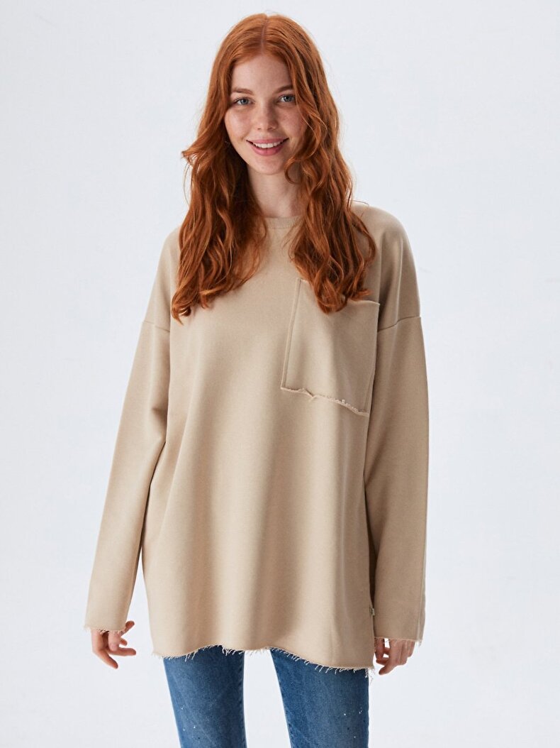 Oversized Crew Neck Beige Sweatshirt