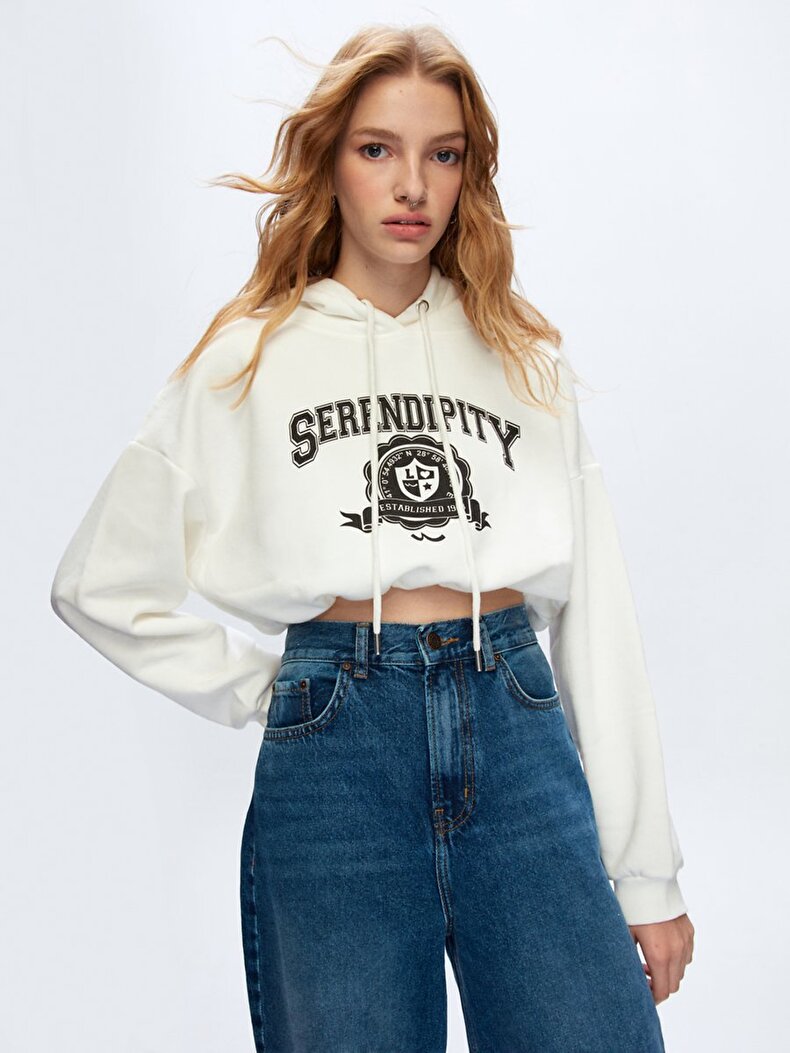 Cropped With Print With Hood White Sweatshirt