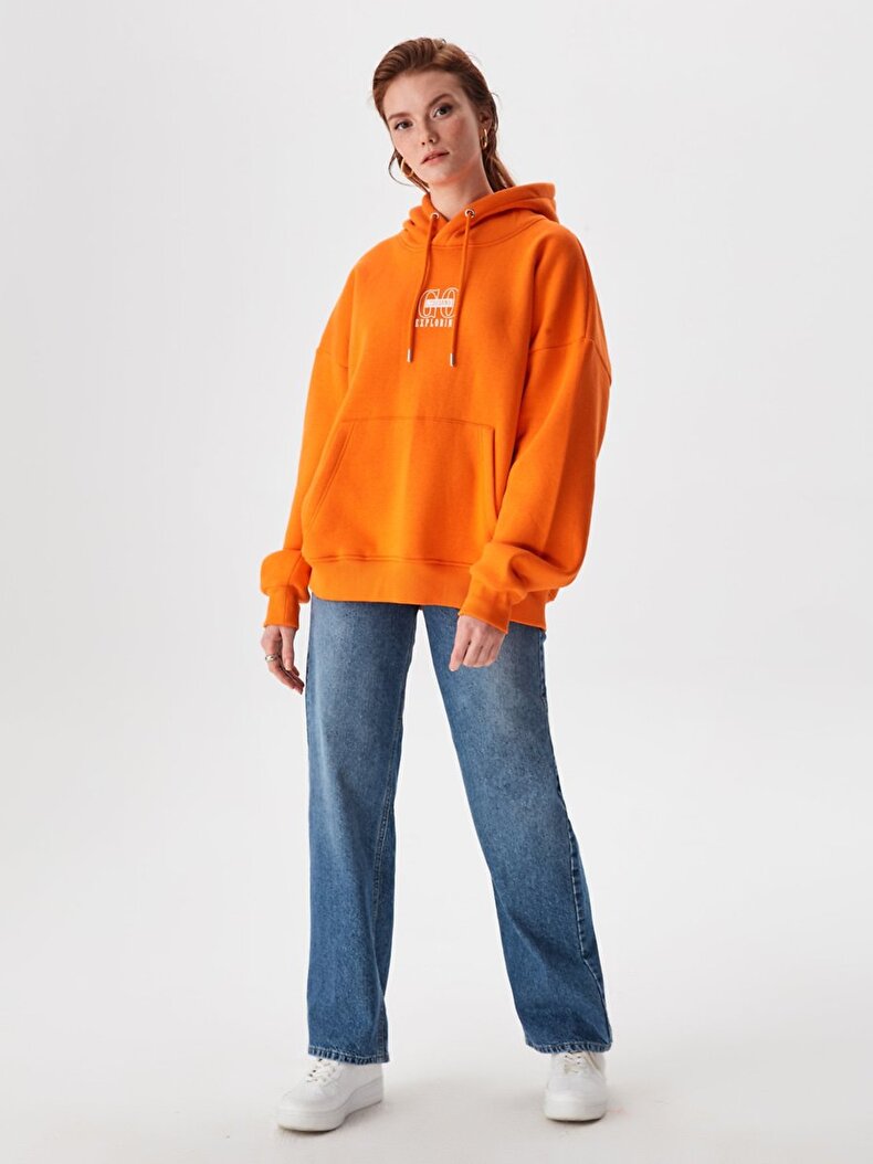 With Hood Print With Print Oranje Sweatshirt