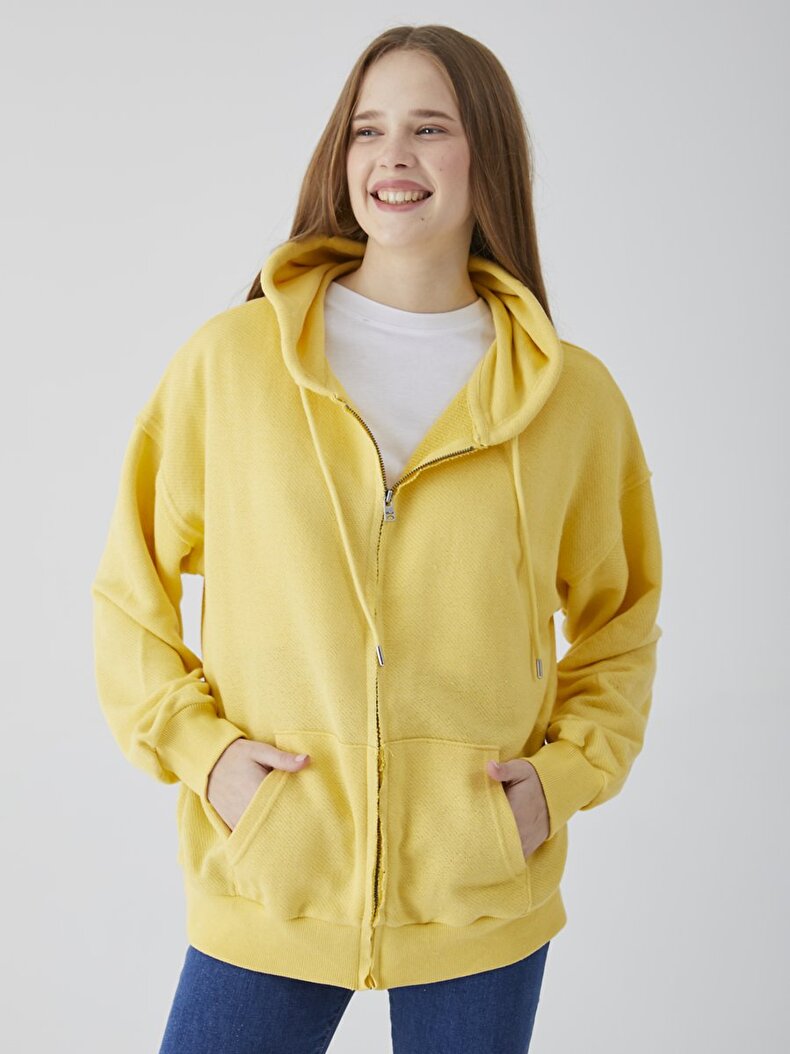 With Hood With Pockets Yellow Cardigan