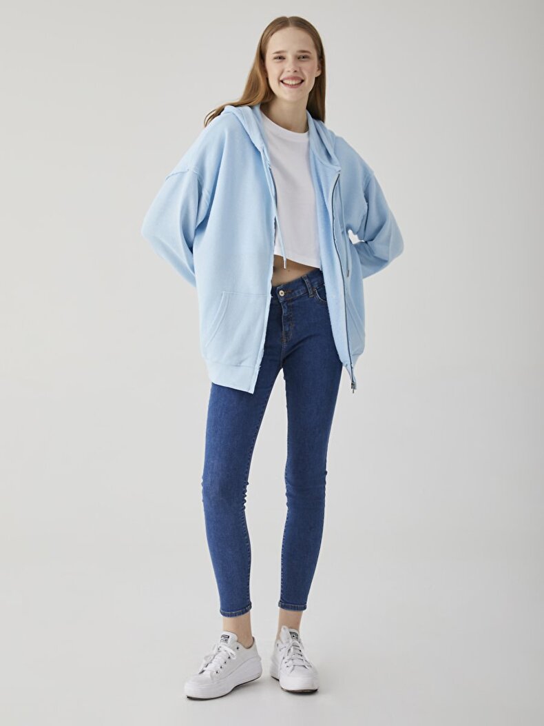 With Hood With Pockets Blue Cardigan
