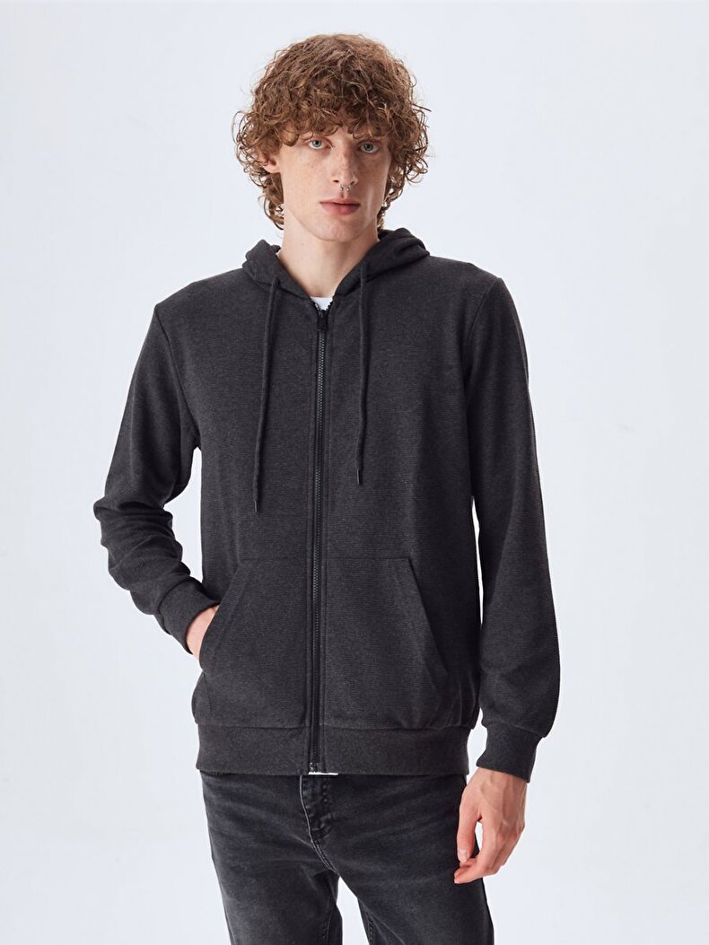With Hood Zipper Closing Basic Anthracite Cardigan