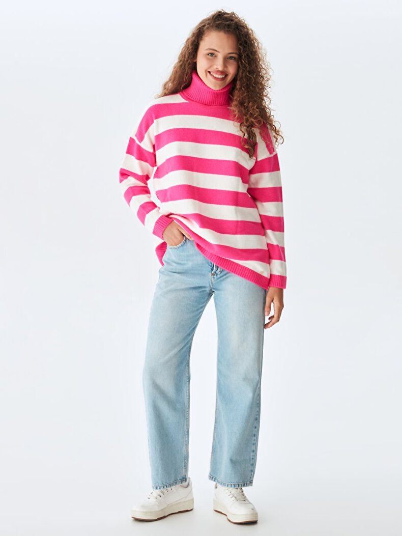 Straight Collar Striped Print Knitwear Pink Pullover